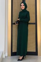 Tesettür giyim YEŞİL ÖRGÜ DESENLİ TRİKO ELBİSE 90222