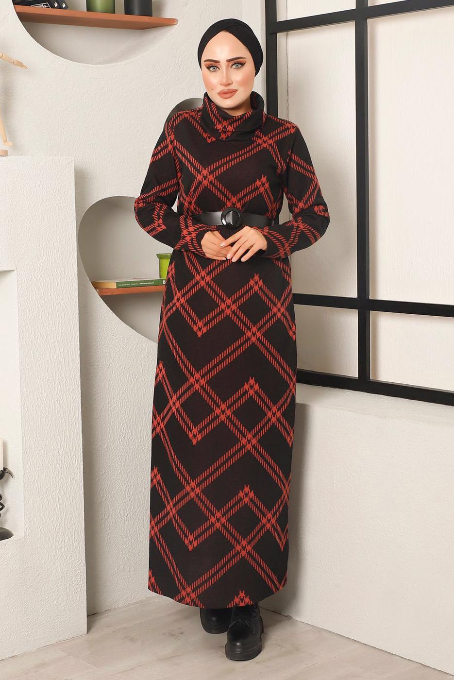 Hijab clothing BLACK PATTERNED BELTED DRESS 9082