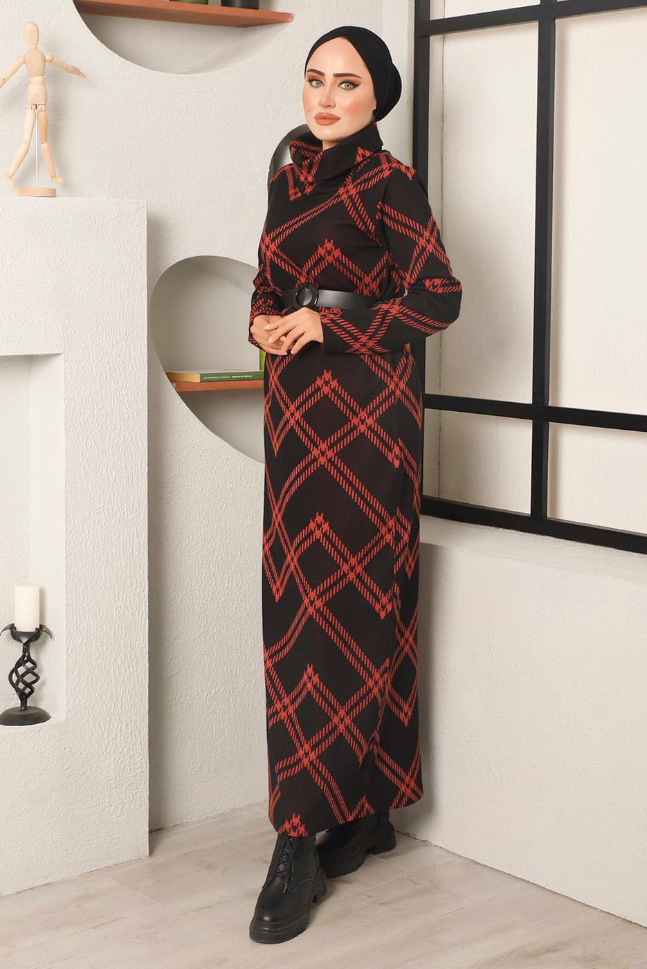 Hijab clothing BLACK PATTERNED BELTED DRESS 9082