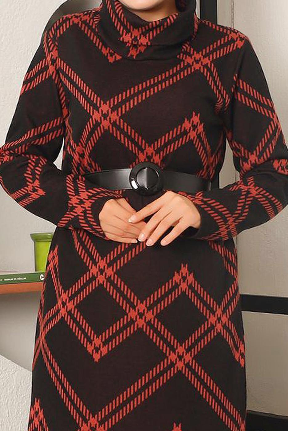 Hijab clothing BLACK PATTERNED BELTED DRESS 9082