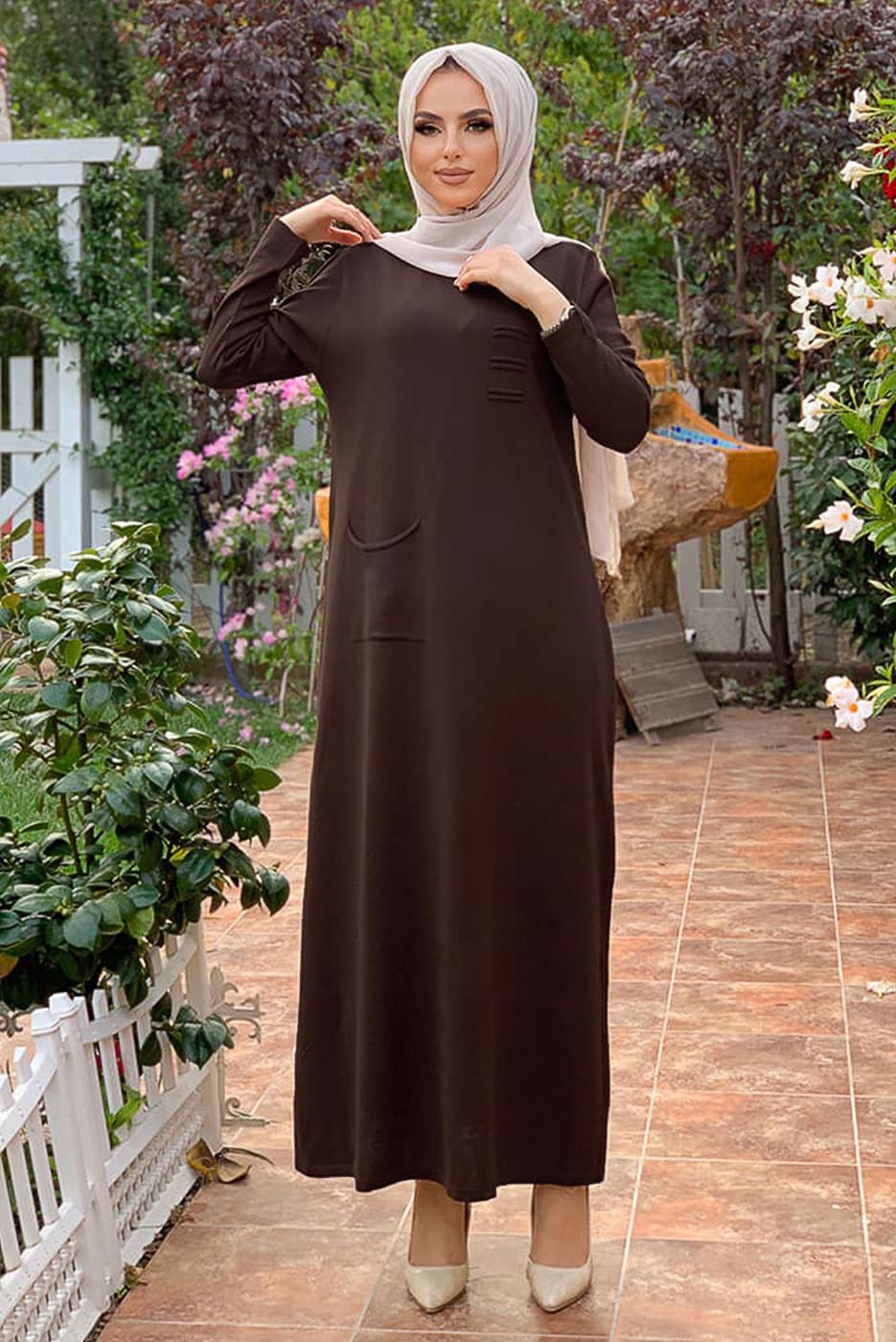Tesettür giyim KAHVE CEPLİ TRİKO ELBİSE 93281 