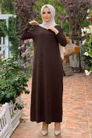 Tesettür giyim KAHVE CEPLİ TRİKO ELBİSE 93281 