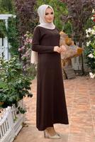 Tesettür giyim KAHVE CEPLİ TRİKO ELBİSE 93281 