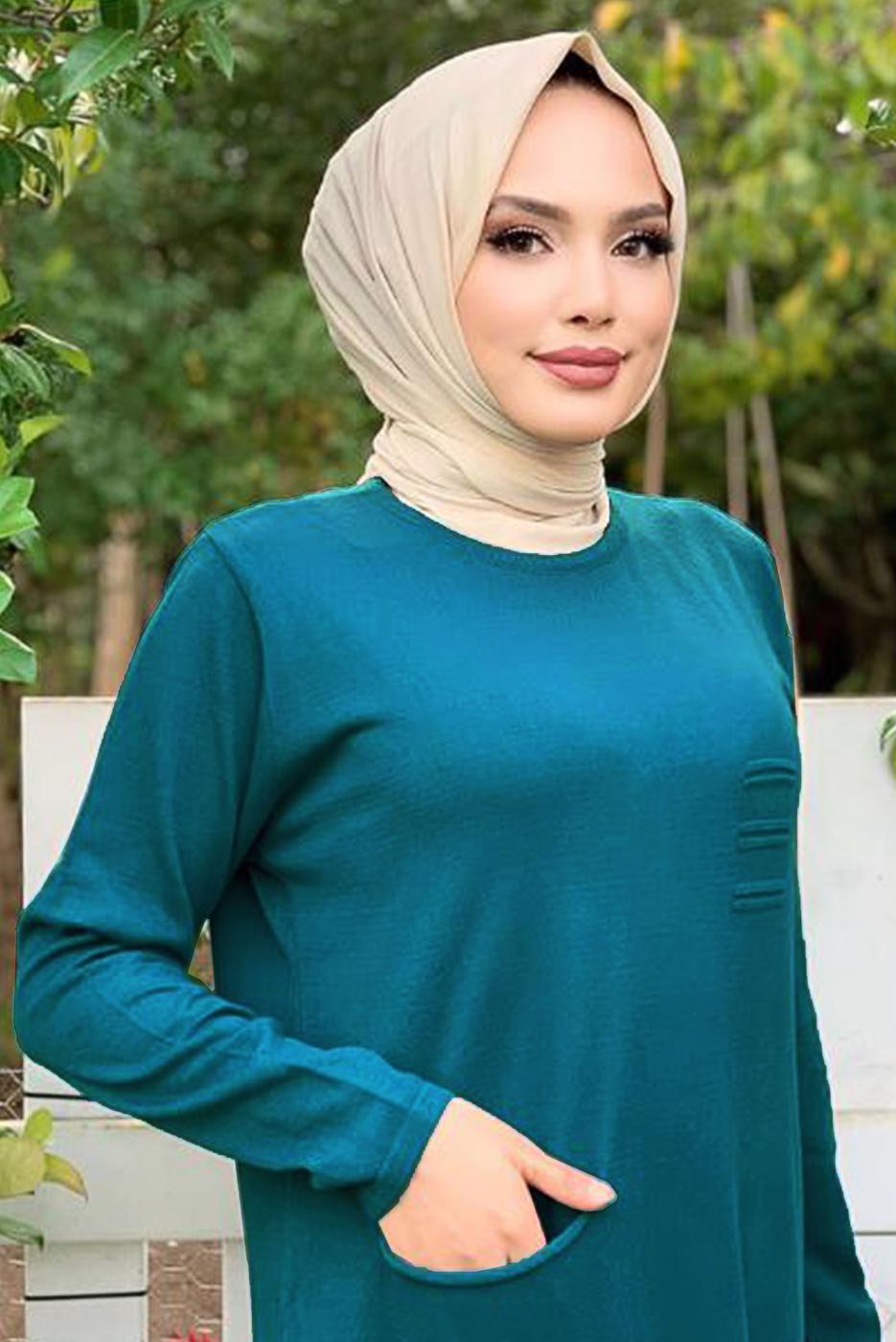 Tesettür giyim MAVİ CEPLİ TRİKO ELBİSE 93281 