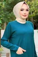 Tesettür giyim MAVİ CEPLİ TRİKO ELBİSE 93281 