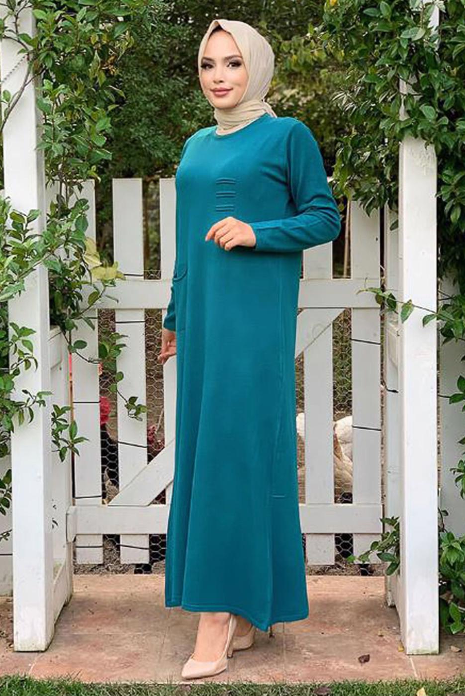 Tesettür giyim MAVİ CEPLİ TRİKO ELBİSE 93281 