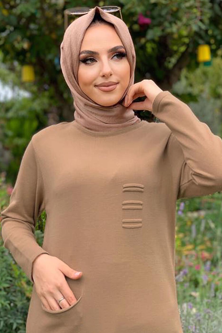 Tesettür giyim TABA CEPLİ TRİKO ELBİSE 93281 