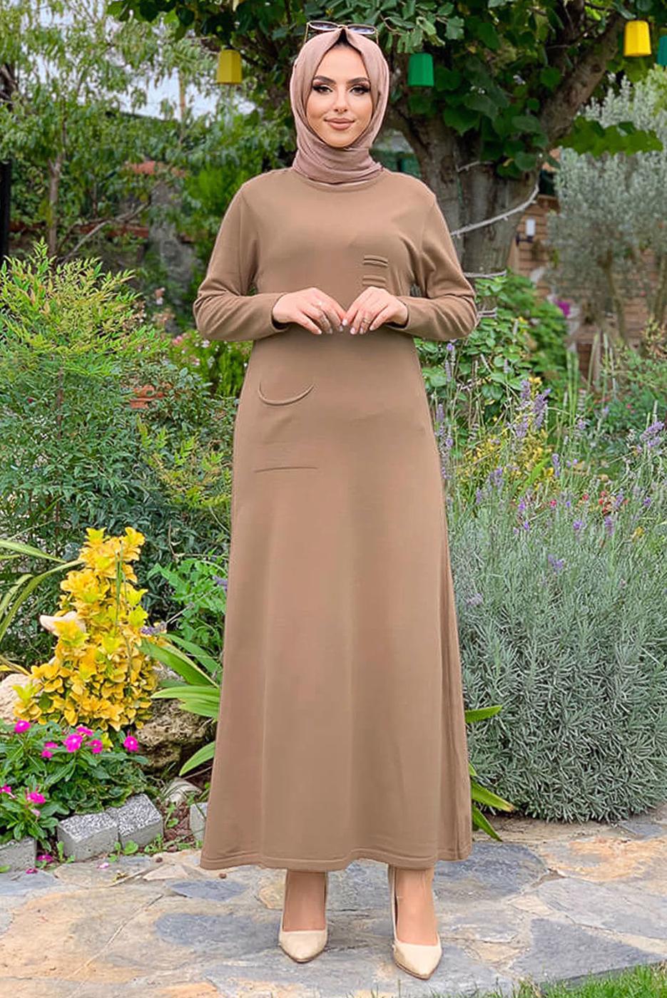 Tesettür giyim TABA CEPLİ TRİKO ELBİSE 93281 