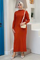 Tesettür giyim KAHVE FİTİLLİ TRİKO ELBİSE 94281 