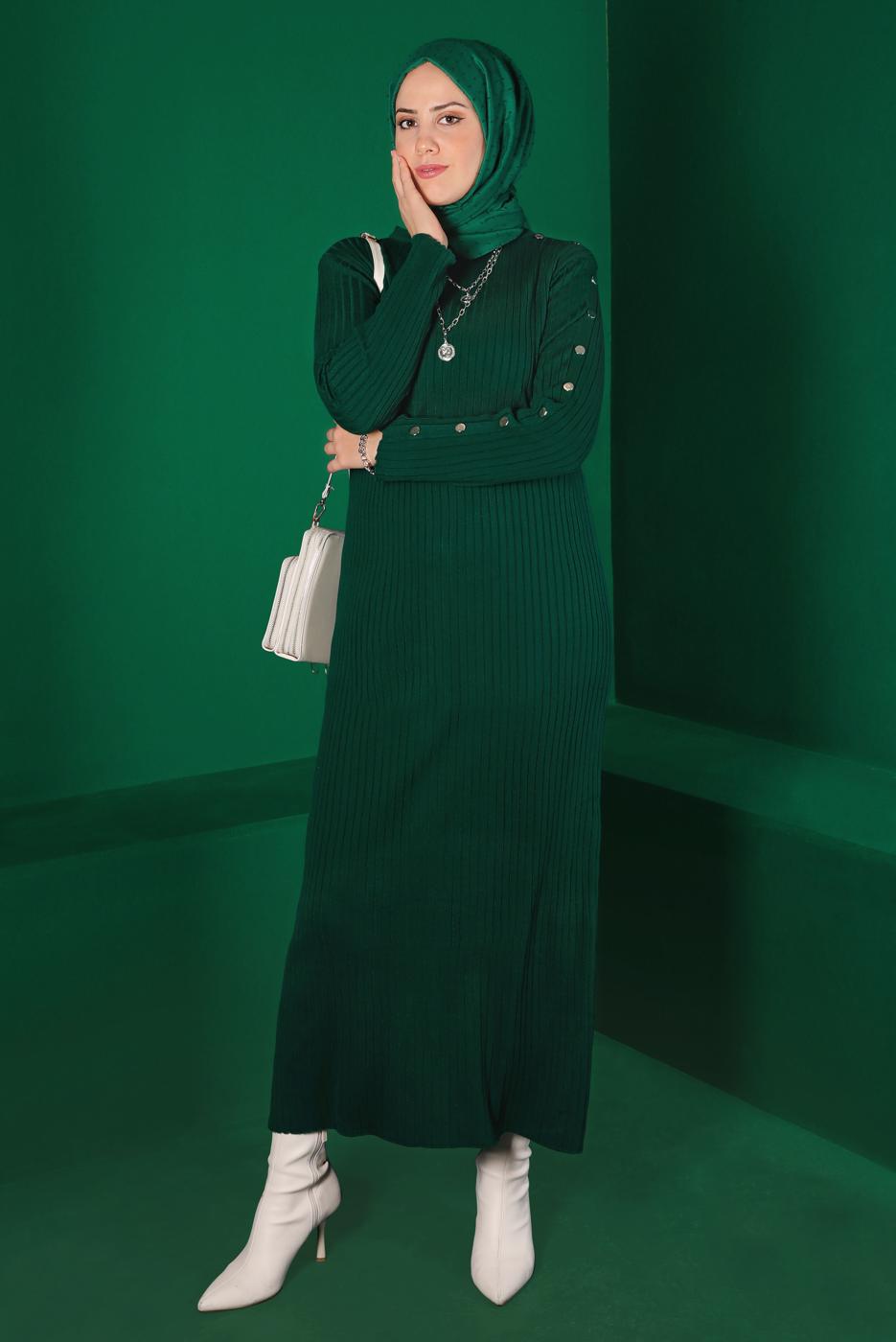 Tesettür giyim YEŞİL FİTİLLİ TRİKO ELBİSE 94281 