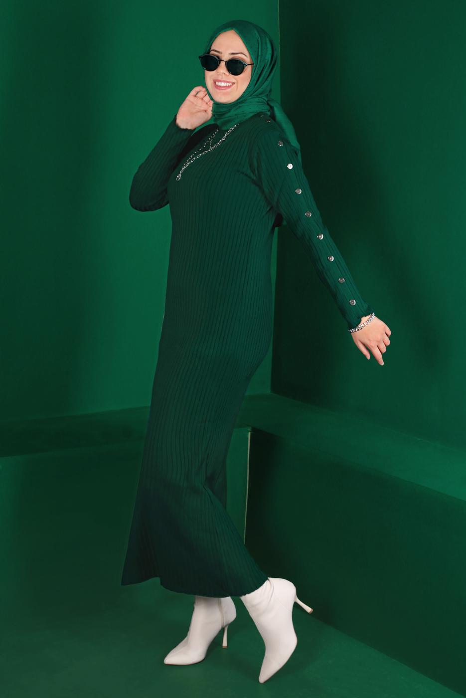 Tesettür giyim YEŞİL FİTİLLİ TRİKO ELBİSE 94281 