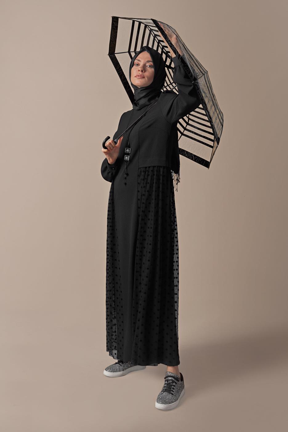 Tesettür giyim SİYAH ALVİNA PUANTİYE TÜL DETAYLI ELBİSE 41141	