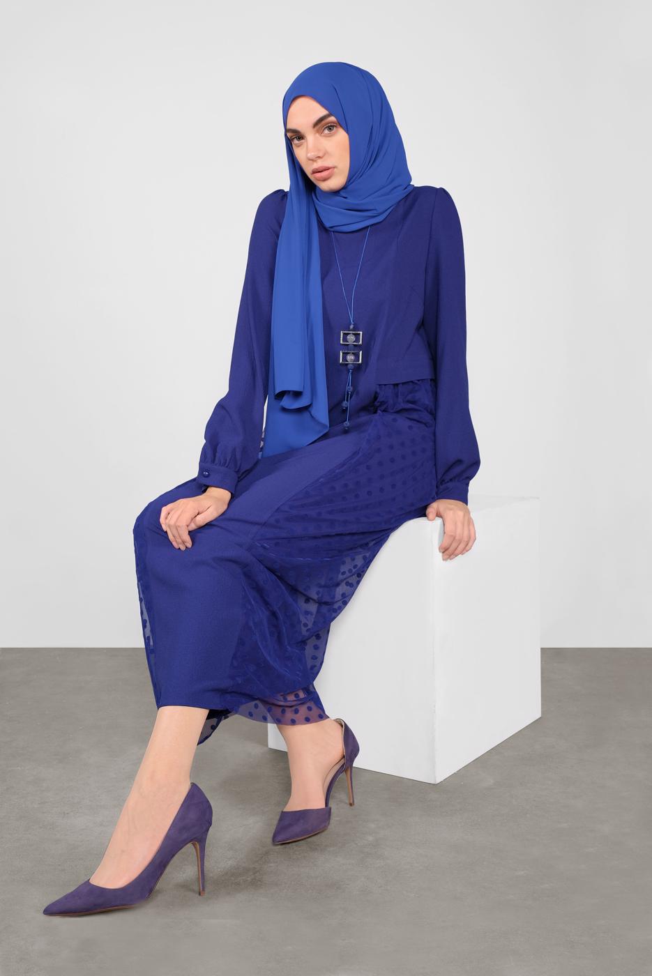 Tesettür giyim LACİVERT ALVİNA PUANTİYE TÜL DETAYLI ELBİSE 41141	