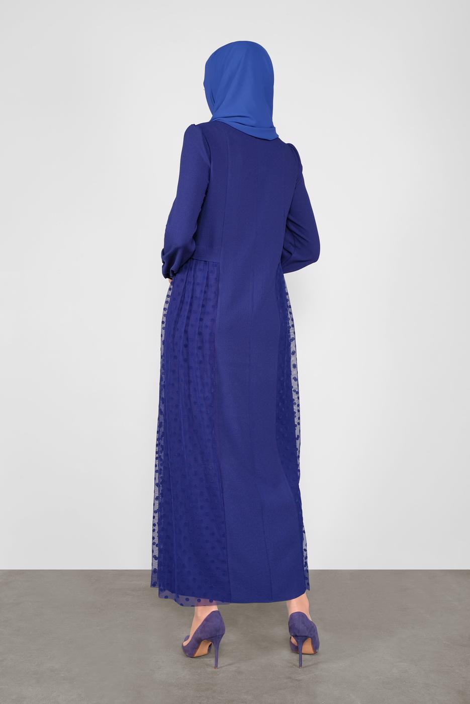 Tesettür giyim LACİVERT ALVİNA PUANTİYE TÜL DETAYLI ELBİSE 41141	