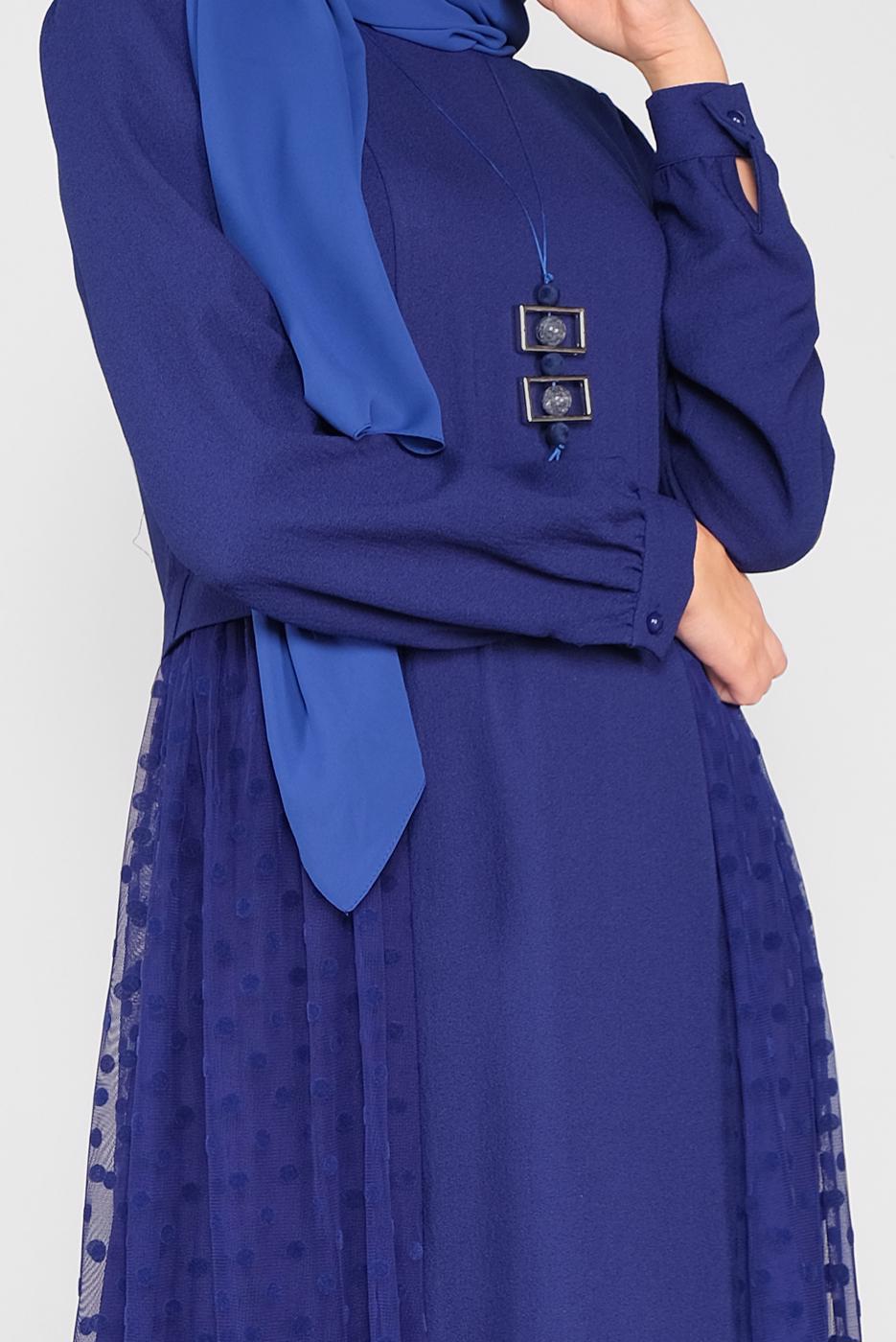 Tesettür giyim LACİVERT ALVİNA PUANTİYE TÜL DETAYLI ELBİSE 41141	