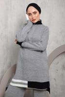 Tesettür giyim GRİ ETEK UCU ŞERİTLİ PANTOLONLU TAKIM 1292 