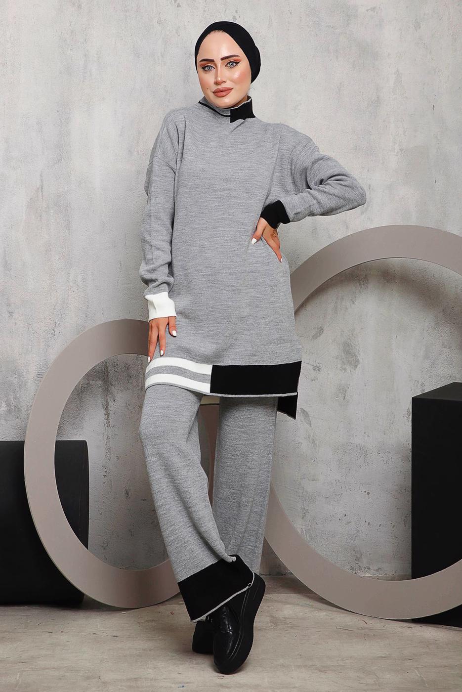 Tesettür giyim GRİ ETEK UCU ŞERİTLİ PANTOLONLU TAKIM 1292 