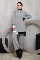 Tesettür giyim GRİ ETEK UCU ŞERİTLİ PANTOLONLU TAKIM 1292 