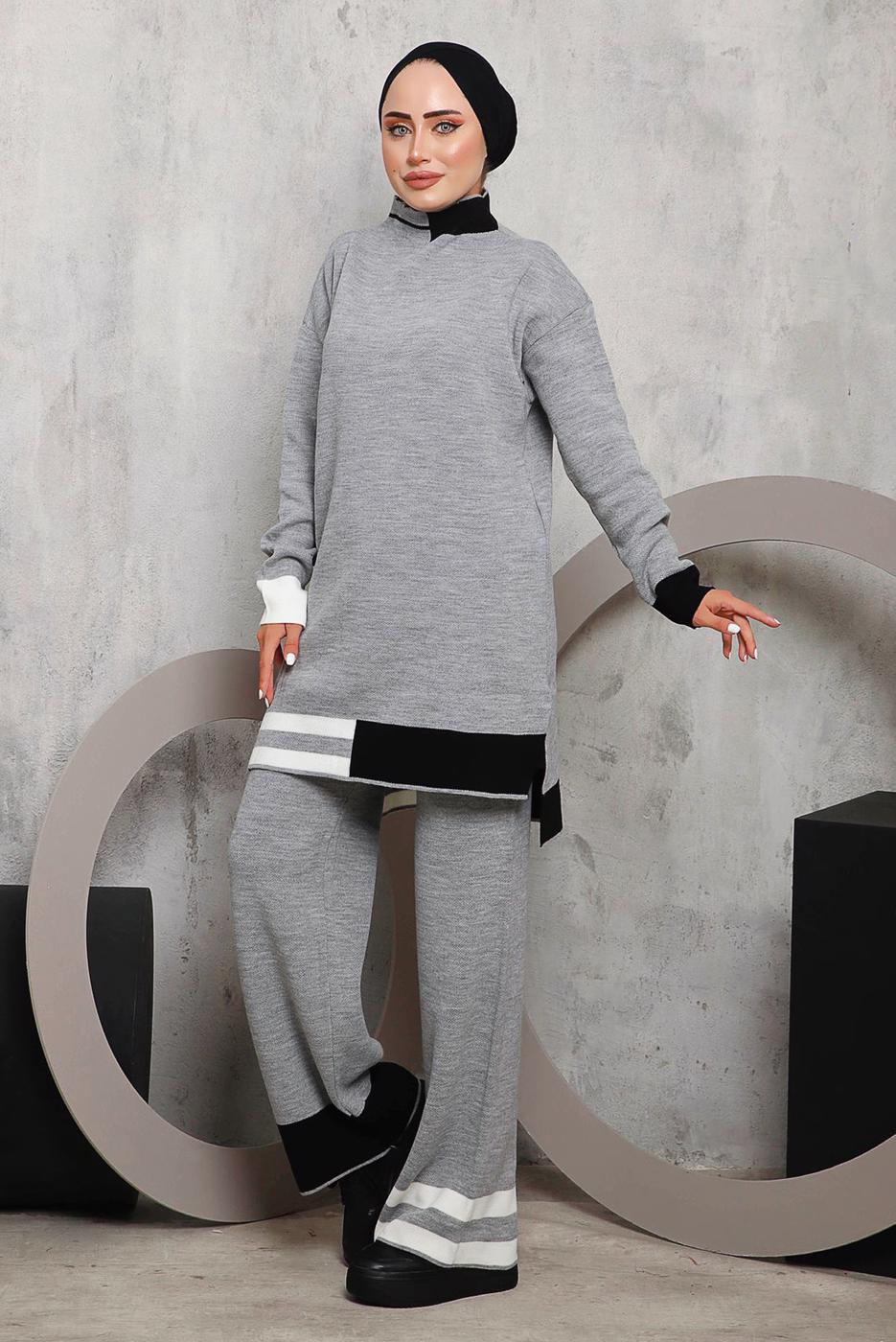 Tesettür giyim GRİ ETEK UCU ŞERİTLİ PANTOLONLU TAKIM 1292 