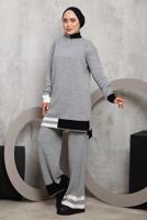 Tesettür giyim GRİ ETEK UCU ŞERİTLİ PANTOLONLU TAKIM 1292 