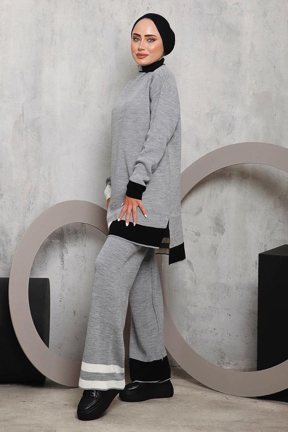 Tesettür giyim GRİ ETEK UCU ŞERİTLİ PANTOLONLU TAKIM 1292 