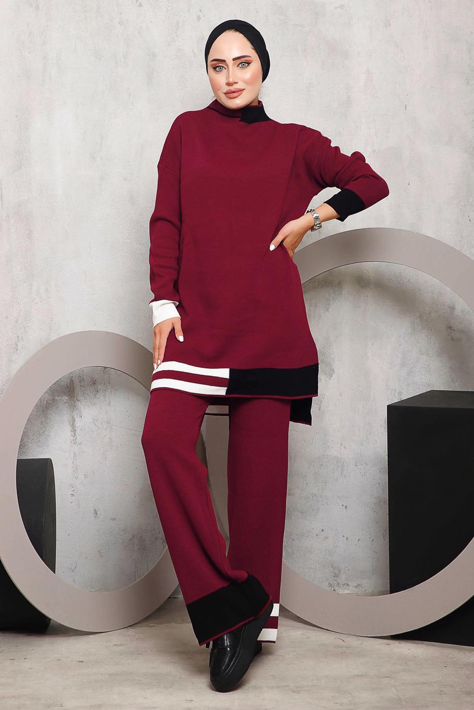 Tesettür giyim BORDO ETEK UCU ŞERİTLİ PANTOLONLU TAKIM 1292 
