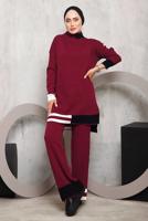 Tesettür giyim BORDO ETEK UCU ŞERİTLİ PANTOLONLU TAKIM 1292 