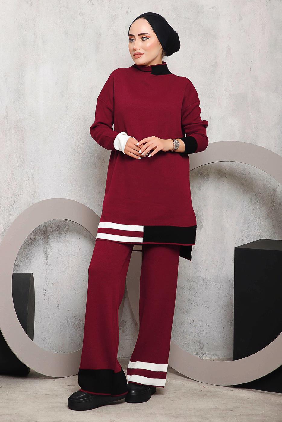 Tesettür giyim BORDO ETEK UCU ŞERİTLİ PANTOLONLU TAKIM 1292 