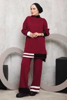 Tesettür giyim BORDO ETEK UCU ŞERİTLİ PANTOLONLU TAKIM 1292 