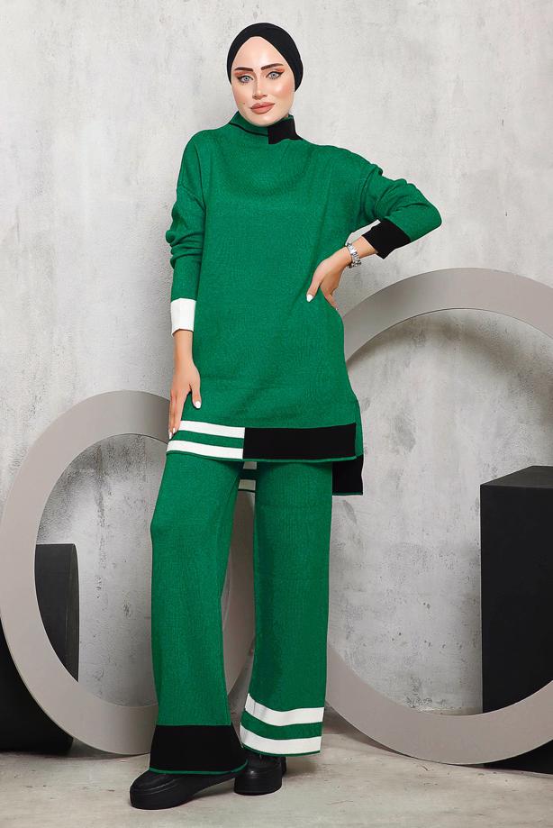 Vêtements hijab VERT COSTUME PANTALON EN MAILLE AVEC BAS RAYÉ 1292 - TRENDTESETTÜR