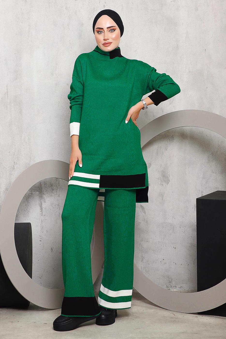 Tesettür giyim YEŞİL ETEK UCU ŞERİTLİ PANTOLONLU TAKIM 1292 