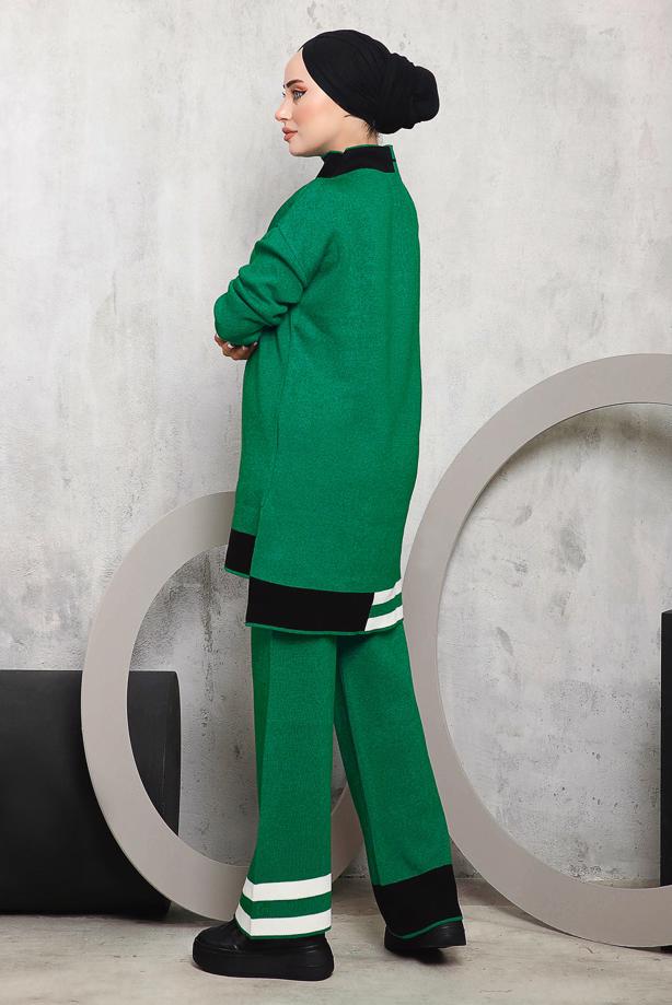 Vêtements hijab VERT COSTUME PANTALON EN MAILLE AVEC BAS RAYÉ 1292 - TRENDTESETTÜR
