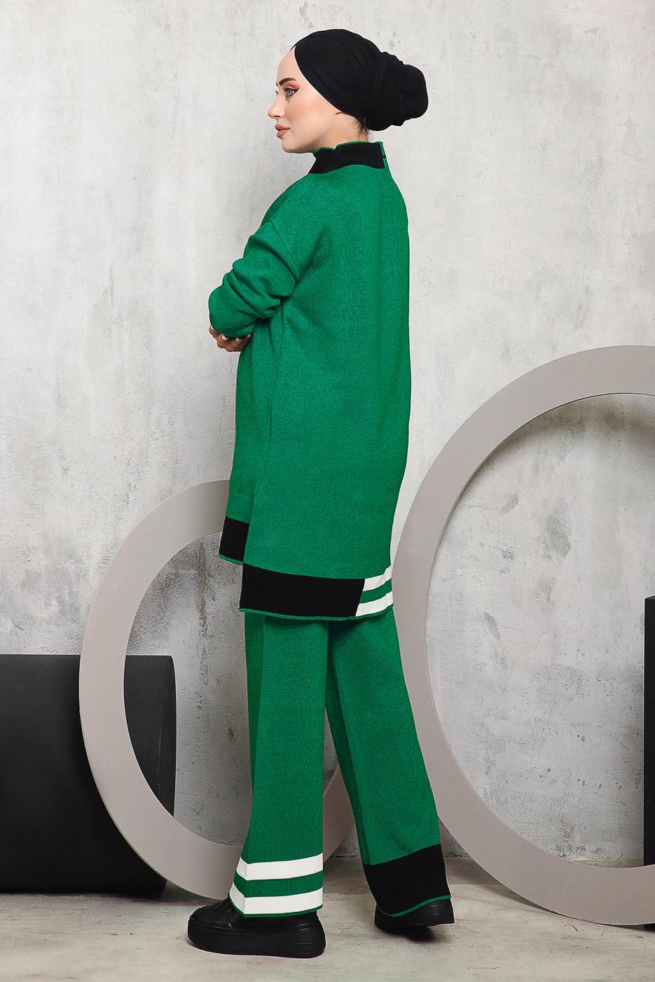 Tesettür giyim YEŞİL ETEK UCU ŞERİTLİ PANTOLONLU TAKIM 1292 