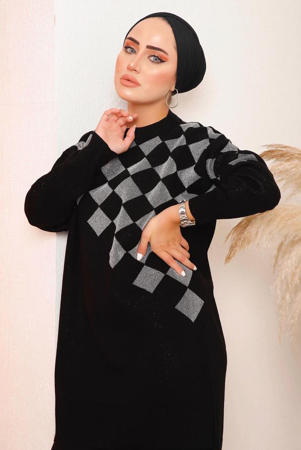 Vêtements hijab NOIR COSTUME PANTALON EN MAILLE À CARREAUX ARGENTÉS 1592 - TRENDTESETTÜR