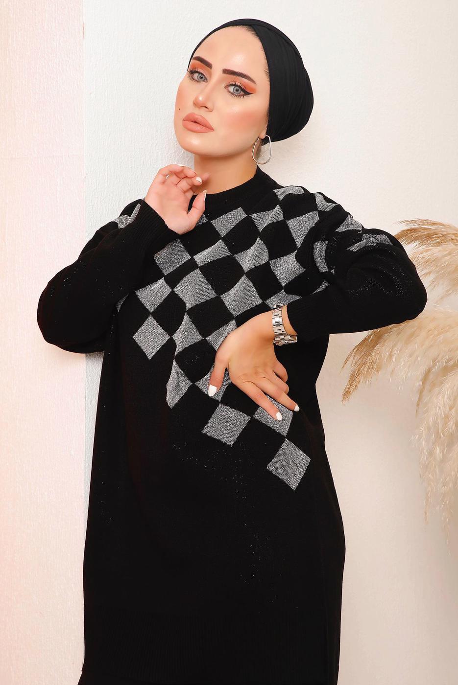 Vêtements hijab NOIR COSTUME PANTALON EN MAILLE À CARREAUX ARGENTÉS 1592