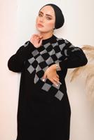 Vêtements hijab NOIR COSTUME PANTALON EN MAILLE À CARREAUX ARGENTÉS 1592