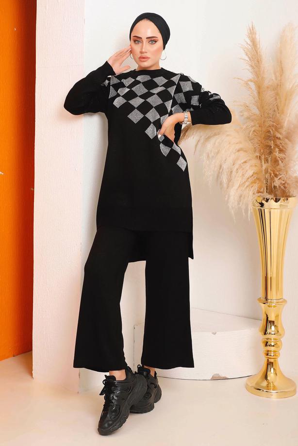 Vêtements hijab NOIR COSTUME PANTALON EN MAILLE À CARREAUX ARGENTÉS 1592 - TRENDTESETTÜR
