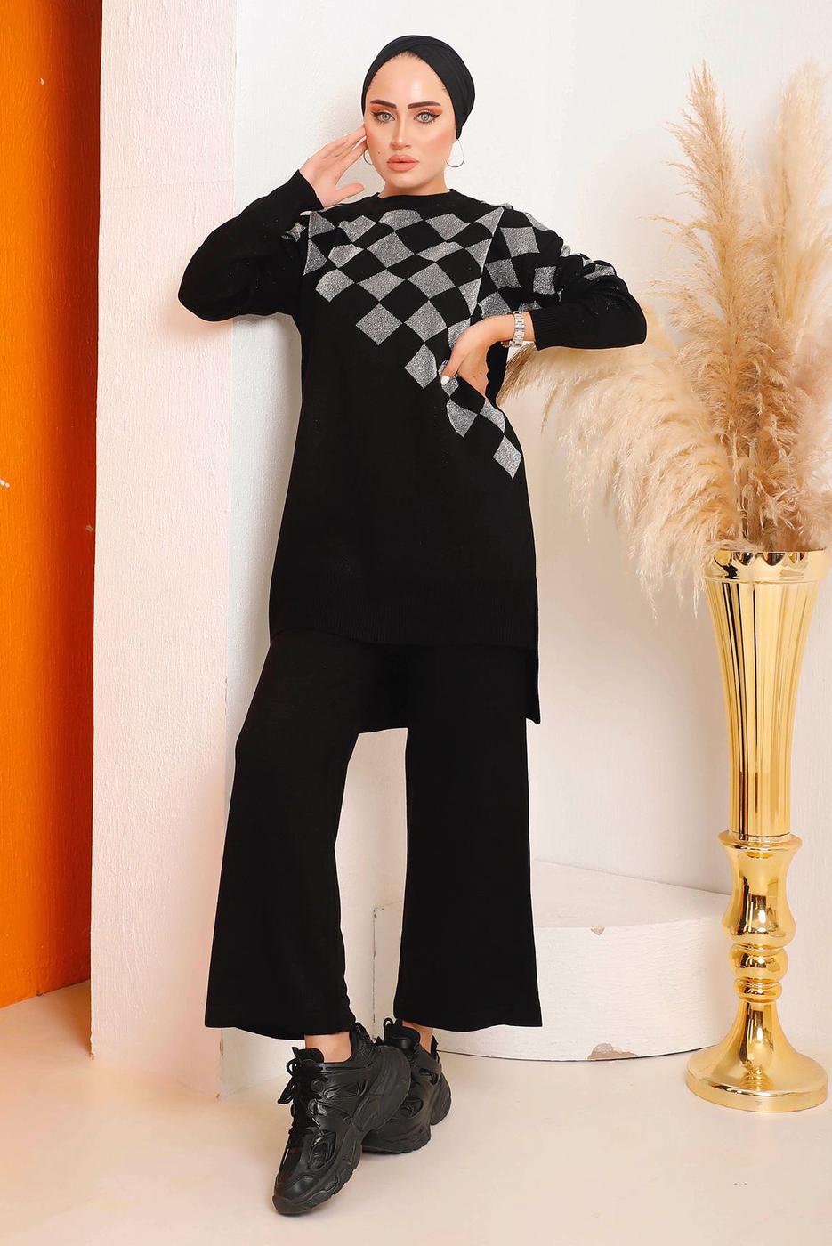 Vêtements hijab NOIR COSTUME PANTALON EN MAILLE À CARREAUX ARGENTÉS 1592