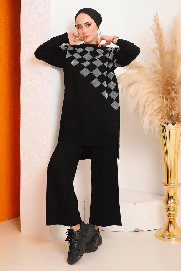 Vêtements hijab NOIR COSTUME PANTALON EN MAILLE À CARREAUX ARGENTÉS 1592 - TRENDTESETTÜR