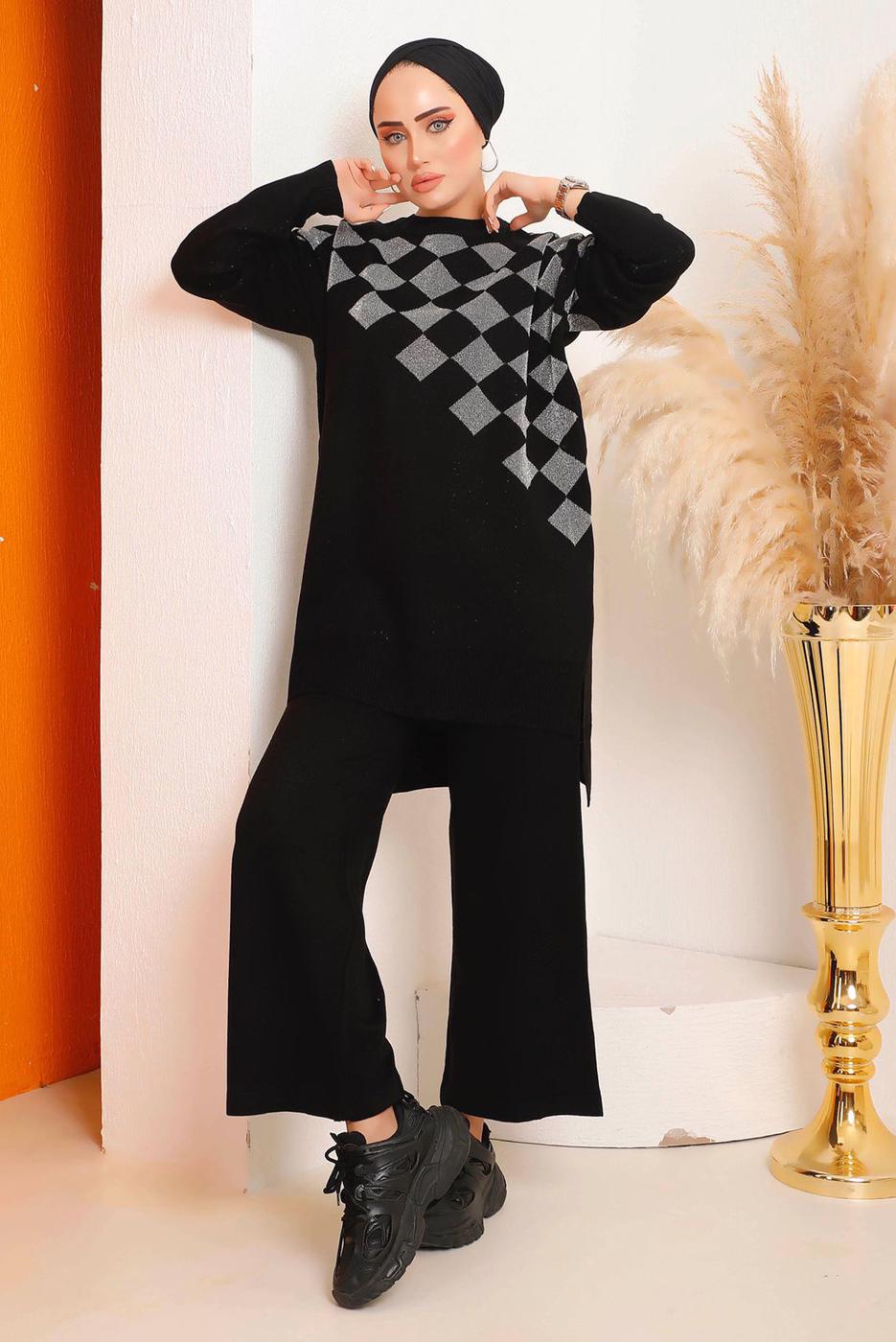Vêtements hijab NOIR COSTUME PANTALON EN MAILLE À CARREAUX ARGENTÉS 1592