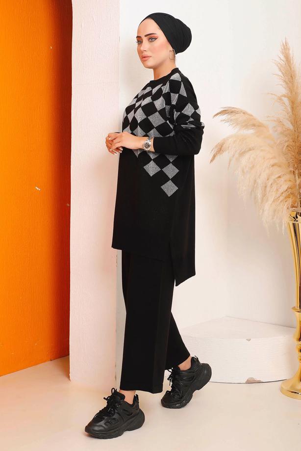 Vêtements hijab NOIR COSTUME PANTALON EN MAILLE À CARREAUX ARGENTÉS 1592 - TRENDTESETTÜR