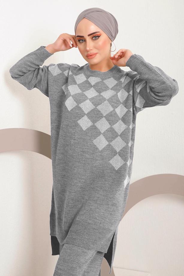 Vêtements hijab GRIS COSTUME PANTALON EN MAILLE À CARREAUX ARGENTÉS 1592 - TRENDTESETTÜR
