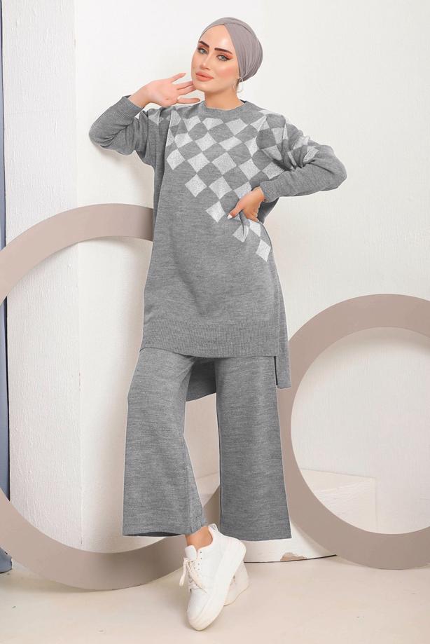 Vêtements hijab GRIS COSTUME PANTALON EN MAILLE À CARREAUX ARGENTÉS 1592 - TRENDTESETTÜR