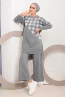 Vêtements hijab GRIS COSTUME PANTALON EN MAILLE À CARREAUX ARGENTÉS 1592
