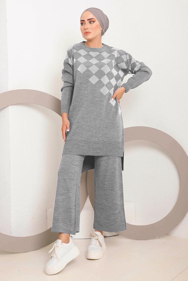 Vêtements hijab GRIS COSTUME PANTALON EN MAILLE À CARREAUX ARGENTÉS 1592 - TRENDTESETTÜR