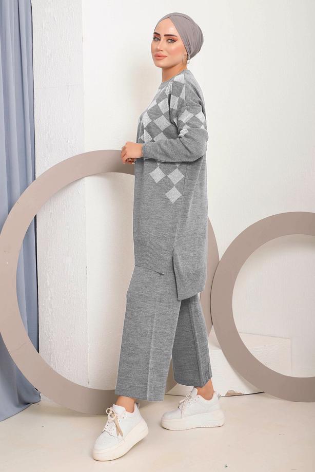Vêtements hijab GRIS COSTUME PANTALON EN MAILLE À CARREAUX ARGENTÉS 1592 - TRENDTESETTÜR