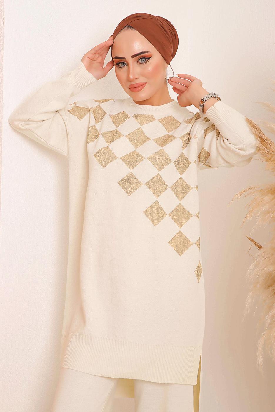 Tesettür giyim EKRU SİMLİ KARE DESENLİ PANTOLONLU TRİKO TAKIM 1592	