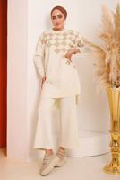 Tesettür giyim EKRU SİMLİ KARE DESENLİ PANTOLONLU TRİKO TAKIM 1592	