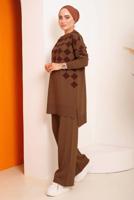 Tesettür giyim KAHVE SİMLİ KARE DESENLİ PANTOLONLU TRİKO TAKIM 1592	