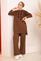 Tesettür giyim KAHVE SİMLİ KARE DESENLİ PANTOLONLU TRİKO TAKIM 1592	